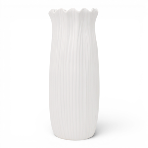 Tall Marissa white ceramic vase with vertical fluting, a gently curved body and frilled rim